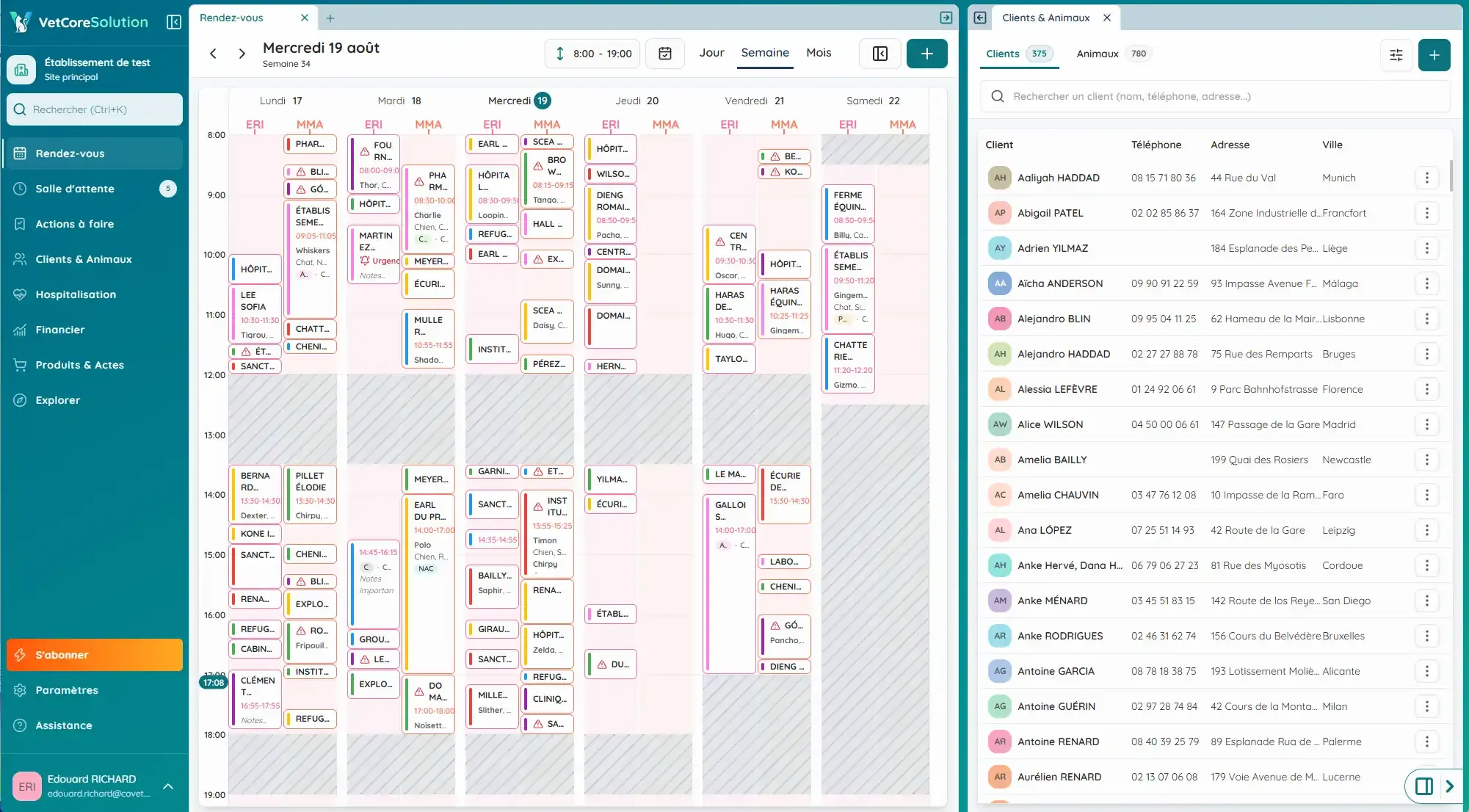 Capture de l’interface VetCoreSolution affichant l’agenda et la liste des clients.