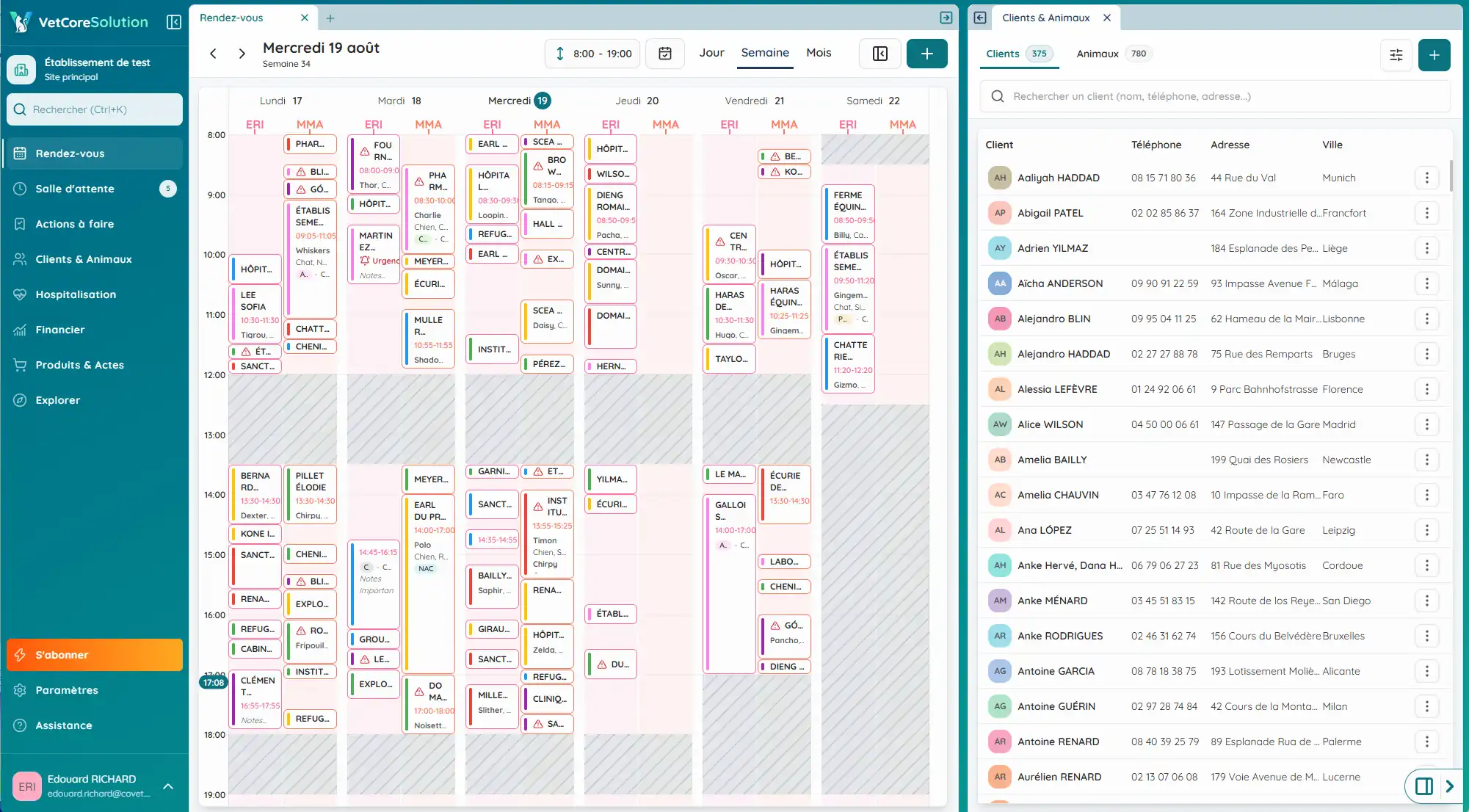Capture de l’interface VetCoreSolution affichant l’agenda et la liste des clients.