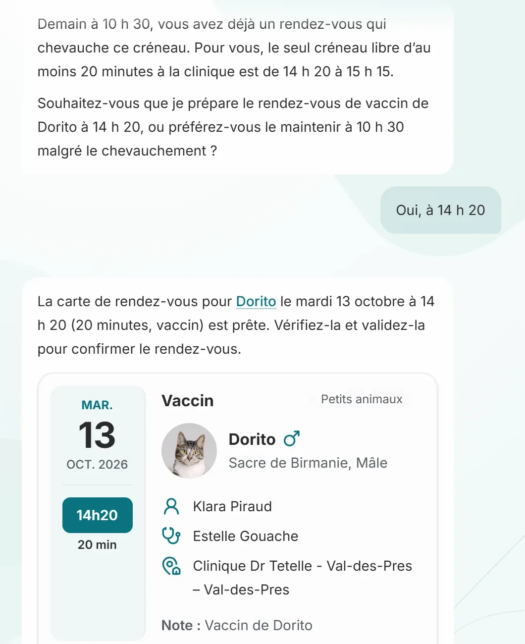 Capture de VetCoreSolution : Silice signale un chevauchement, propose un autre créneau et prépare la carte du rendez-vous à valider.