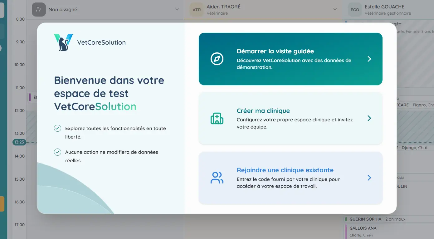 Écran d’accueil de la clinique virtuelle de test VetCoreSolution