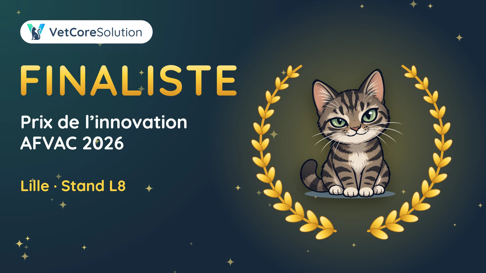 VetCoreSolution finaliste des Prix de l’Innovation AFVAC 2026 : Silice, le chat, entouré de lauriers dorés, et l’annonce du stand L8 à Lille