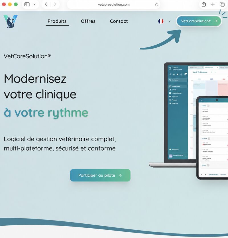 Page de VetCoreSolution indiquant le bouton pour participer au pilote et accéder à la démonstration