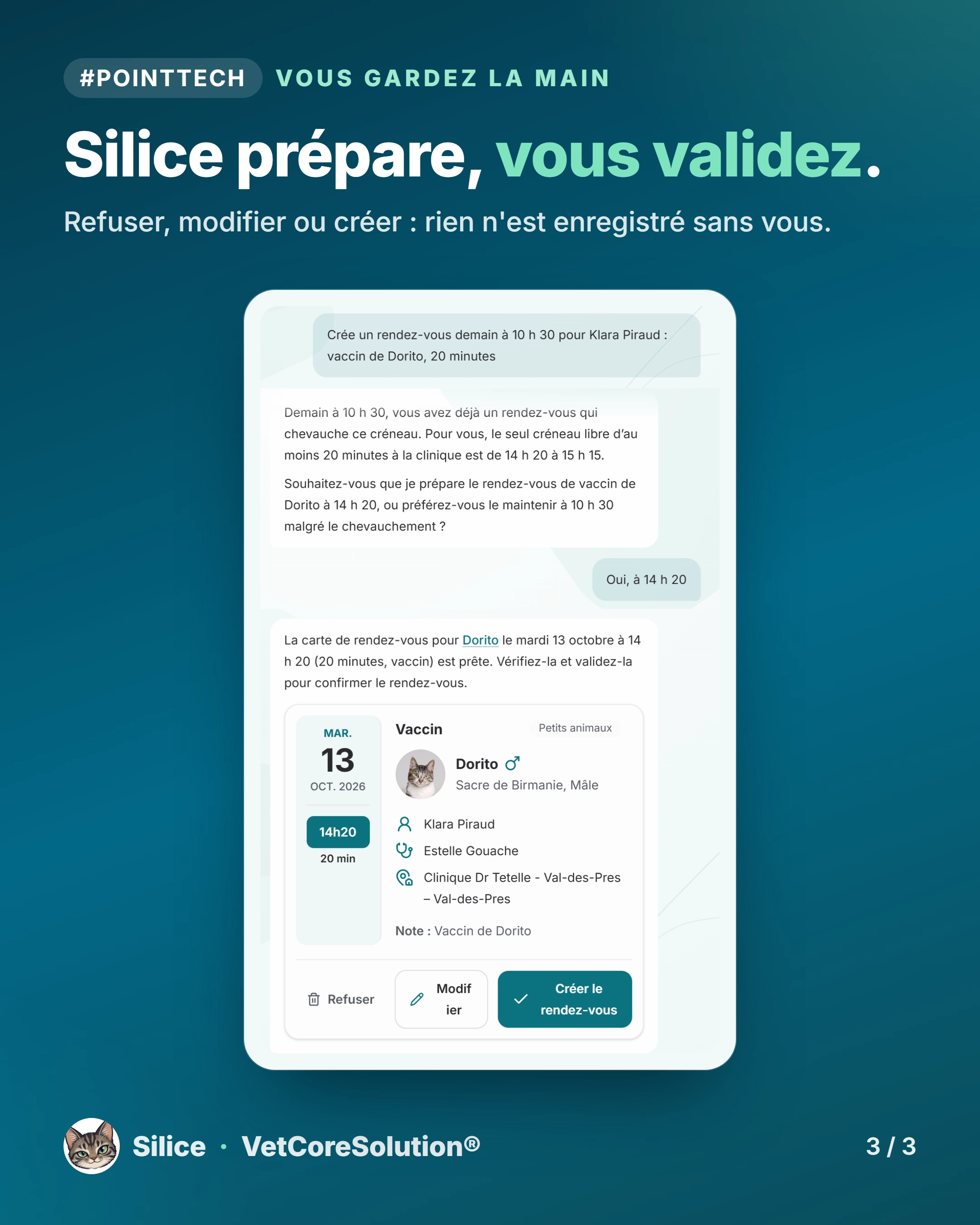 Silice prépare un rendez-vous de vaccination et présente une carte avec les choix Refuser, Modifier ou Créer le rendez-vous, pour laisser la validation à l'utilisateur